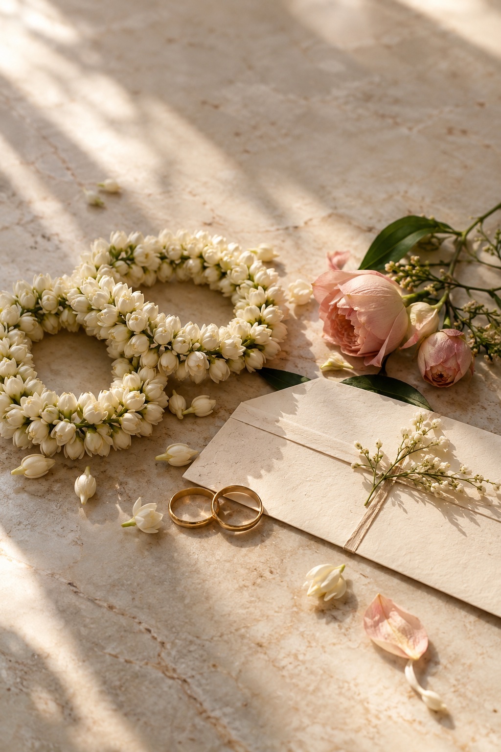 Jasmine garlands, flowers, and wedding rings arranged in warm sunlight